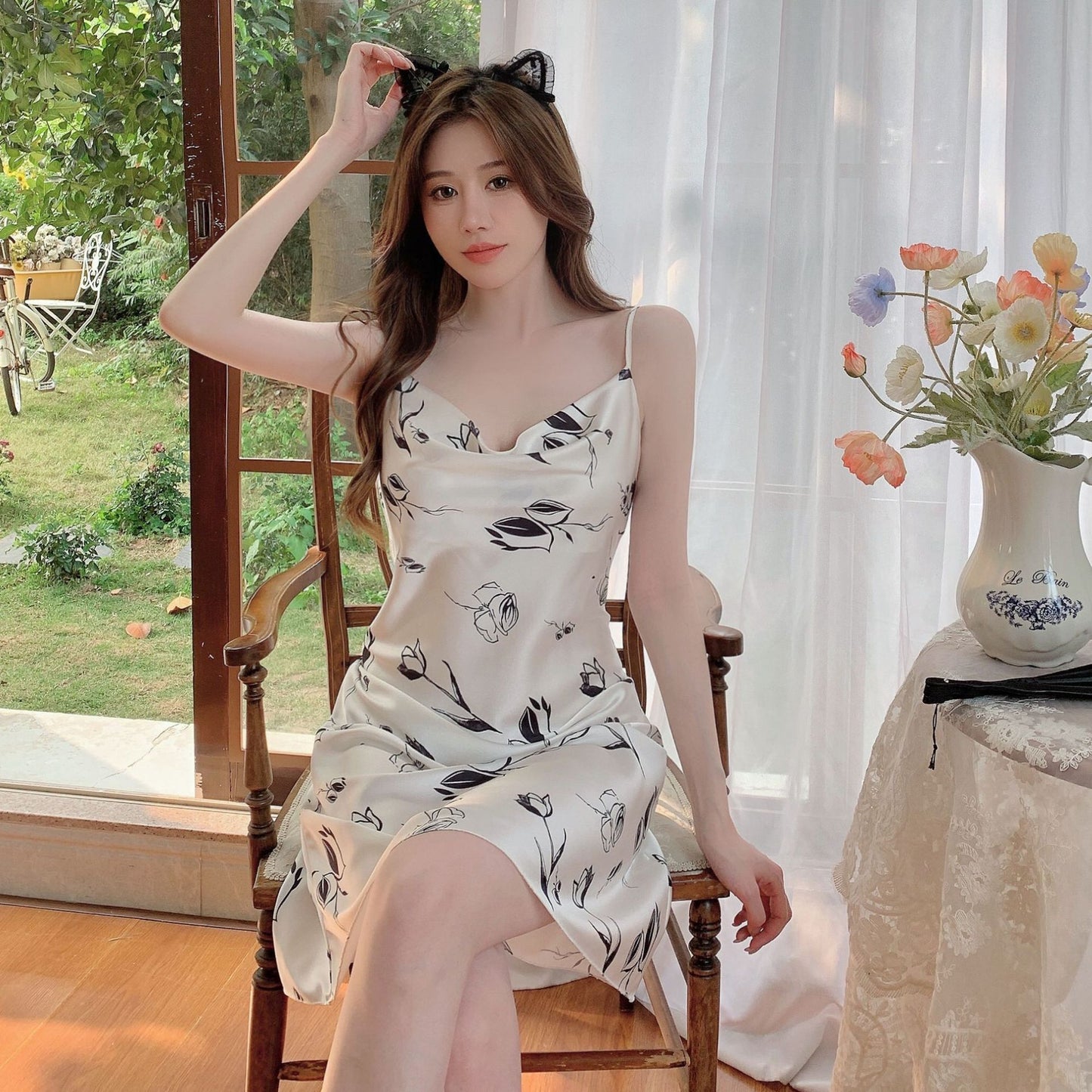 FLOWER SEXY SILK SLIP DRESS FOR WOMEN